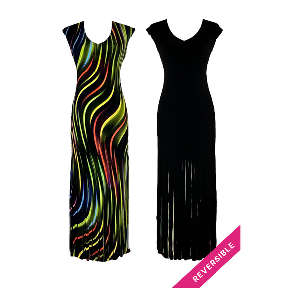 Women's V-Neck Long Fringe Dress Size L Eva Varro Reversible Black Dressy  NWT - Picture 2 of 4